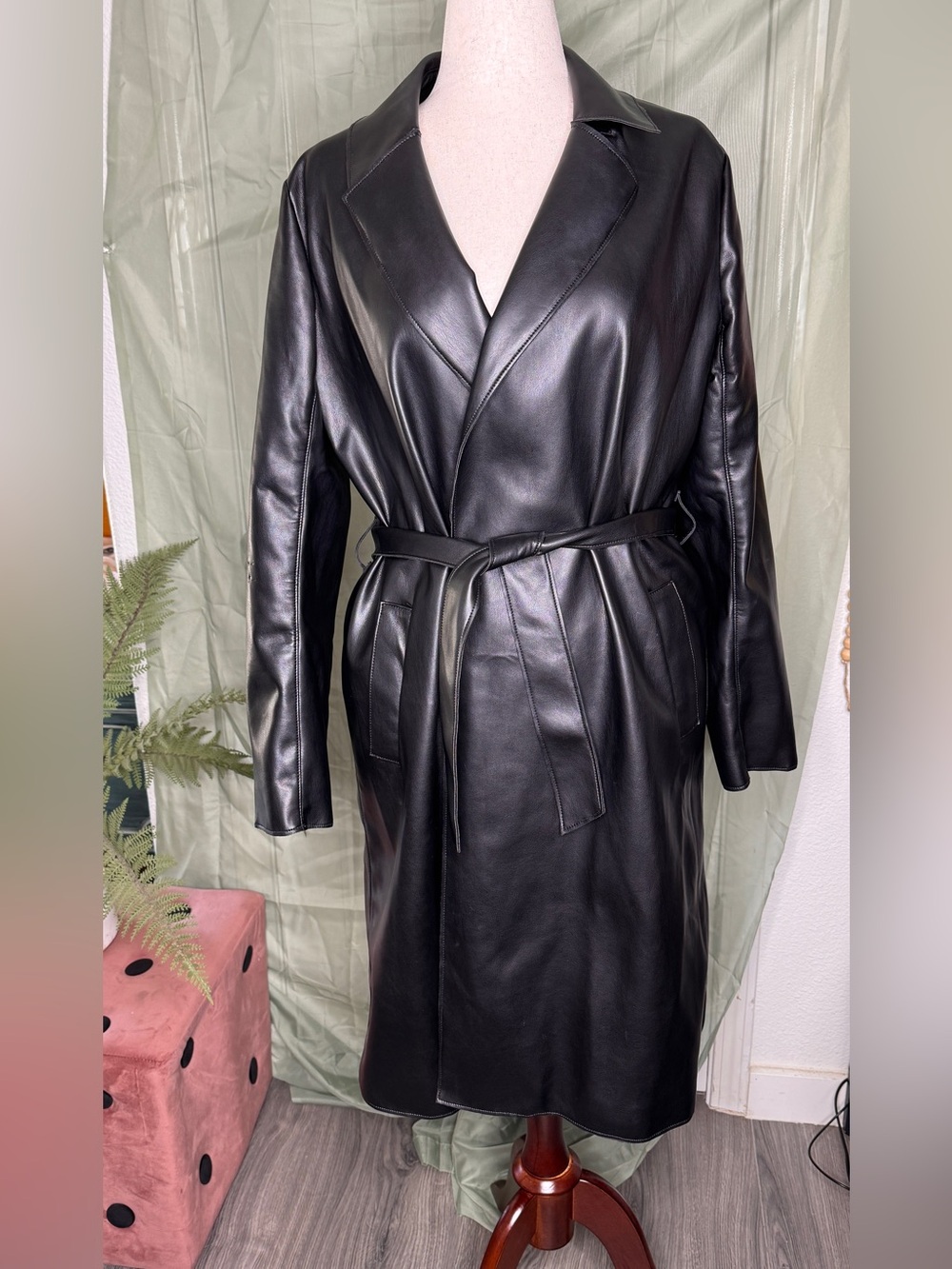 Bailey 44 Black Faux Leather Belted Trench